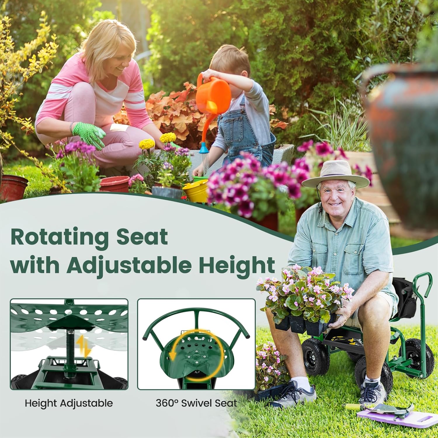 Rolling Gardening Seat with Wh - Gardening Tools For Seniors 评论和价格