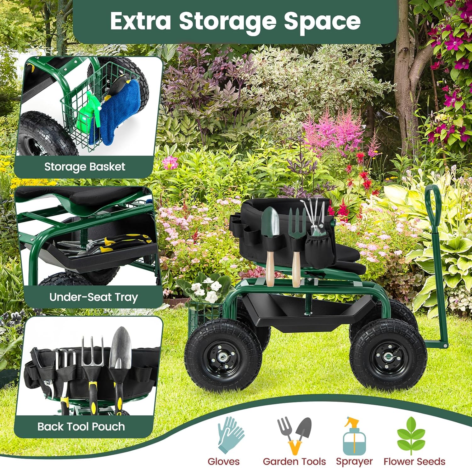 Rolling Gardening Seat with Wh - Gardening Tools For Seniors 评论和价格